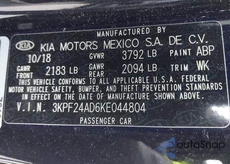 2019 Kia Forte Lxs z USA, uszkodzony, nr VIN 3KPF24AD6KE044804